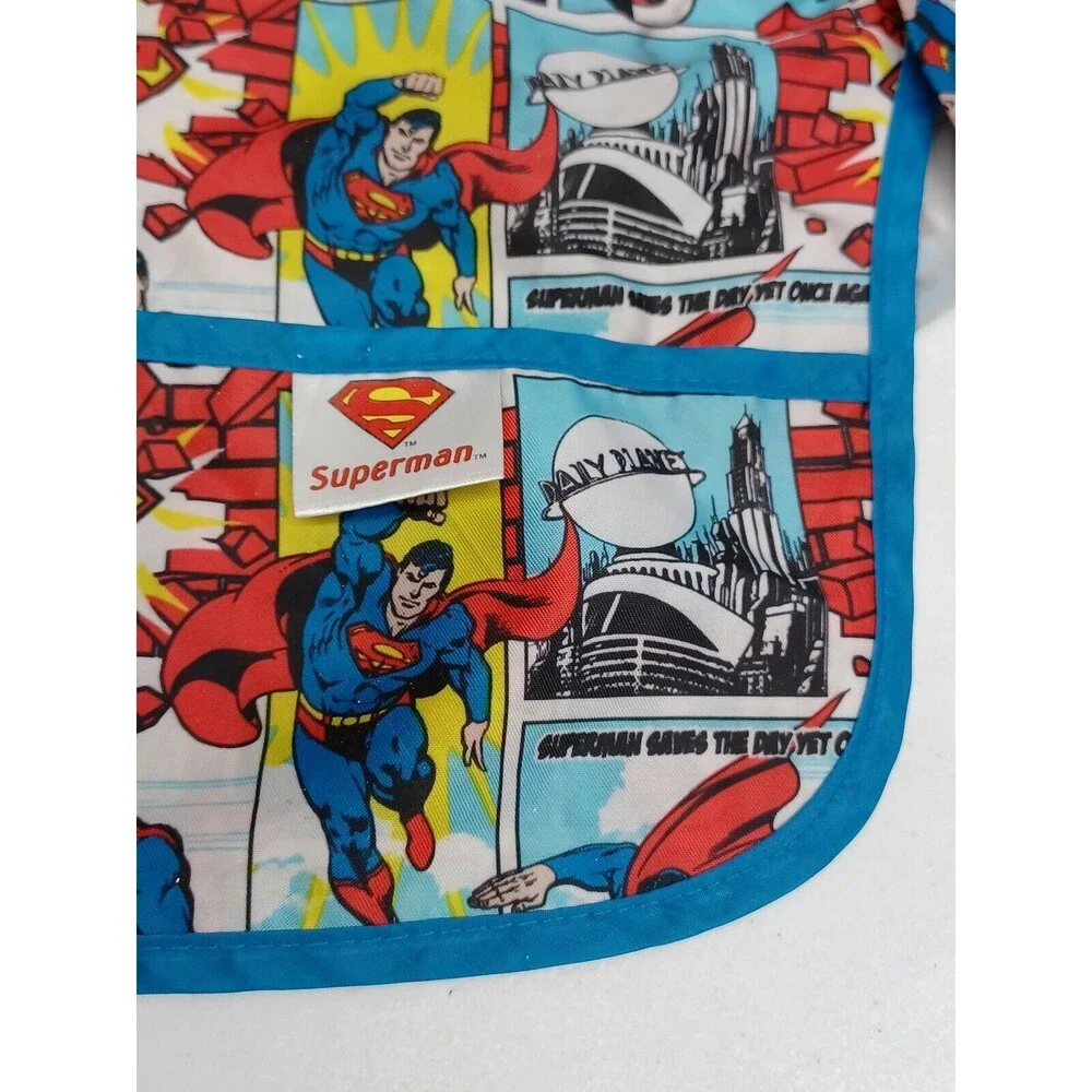Vtg Bumkins Superman bib With Pockets kids boys girls Long Sleeve